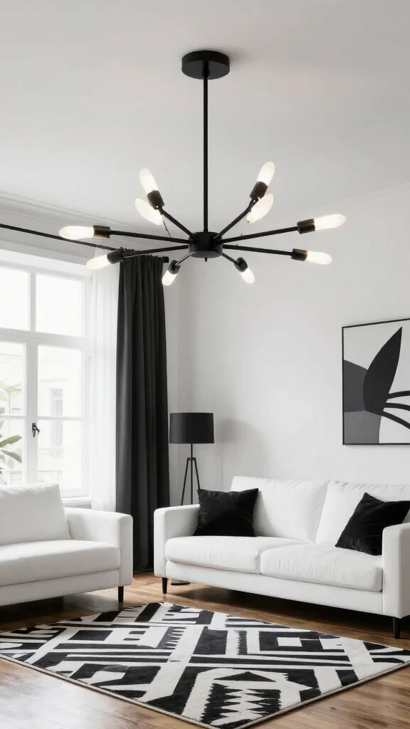 10 8-Light Chandelier Living Room Ideas for a Glamorous Overhead Statement - 7. Monochrome Magic with Bold Contrast 1