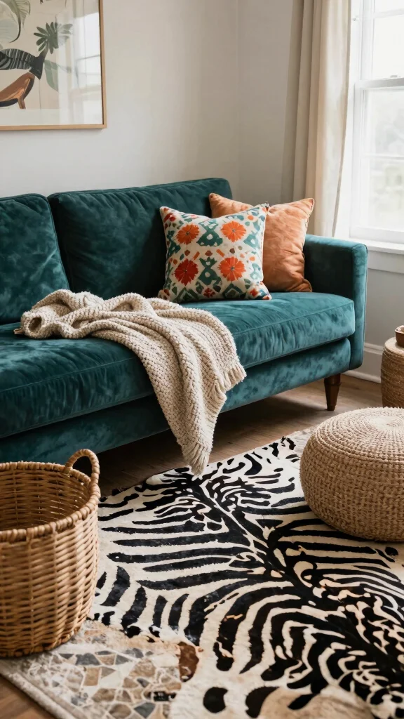 10 Zebra Print Rug Living Room Ideas for a Bold Graphic Floor - 1. Layered Textures: The Eclectic Mix 1