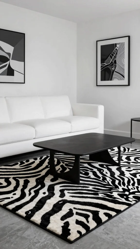 10 Zebra Print Rug Living Room Ideas for a Bold Graphic Floor - 2. A Monochrome Affair 1