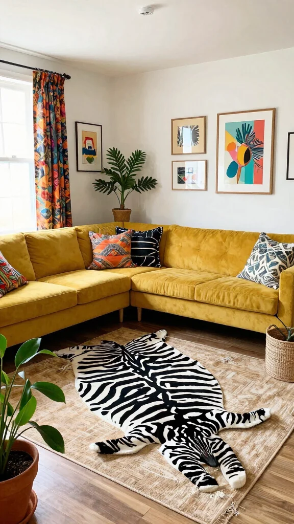 10 Zebra Print Rug Living Room Ideas for a Bold Graphic Floor - 3. Colorful Bohemian Accents 1