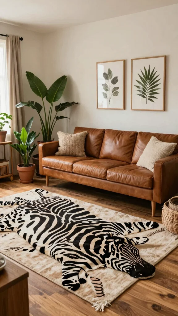 10 Zebra Print Rug Living Room Ideas for a Bold Graphic Floor - 4. Earthy Tones and Natural Elements 1