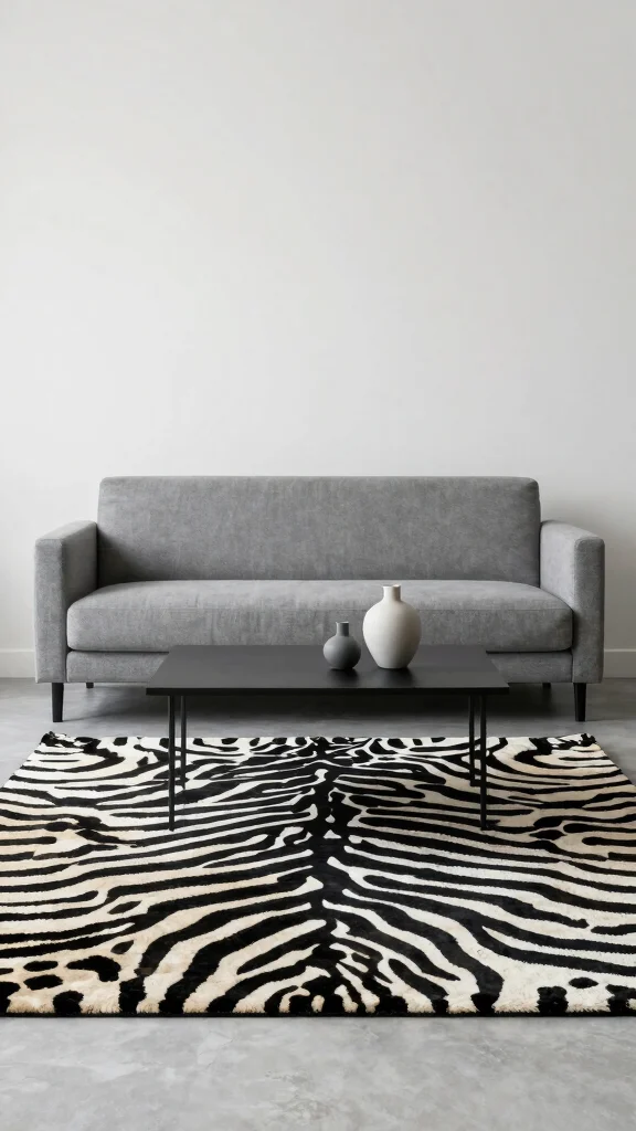 10 Zebra Print Rug Living Room Ideas for a Bold Graphic Floor - 6. Minimalist Chic with a Twist 1