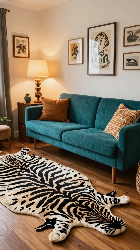 10 Zebra Print Rug Living Room Ideas for a Bold Graphic Floor - 7. Vintage Glamour: Retro Touches 1