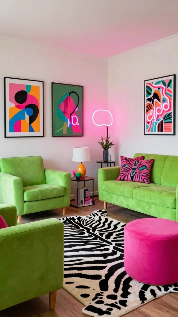 10 Zebra Print Rug Living Room Ideas for a Bold Graphic Floor - 8. Bright and Bold: Neon Accents 1