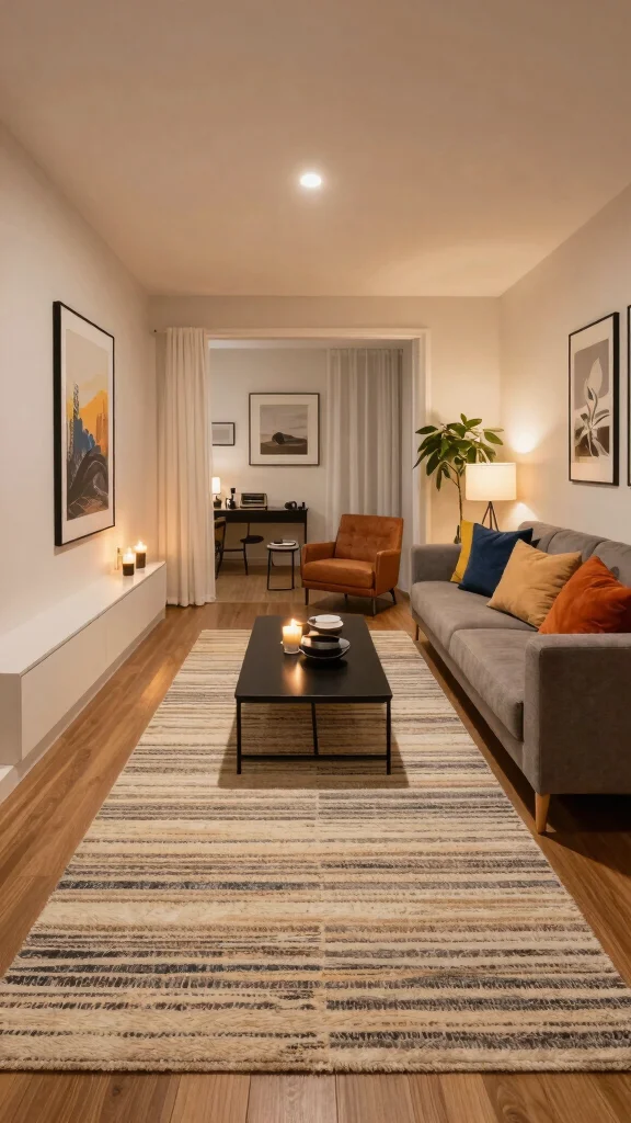11 8x10 Rug Living Room Placement Ideas for a Well-Proportioned Space - 4. Use a Rug to Balance Long, Narrow Rooms 1