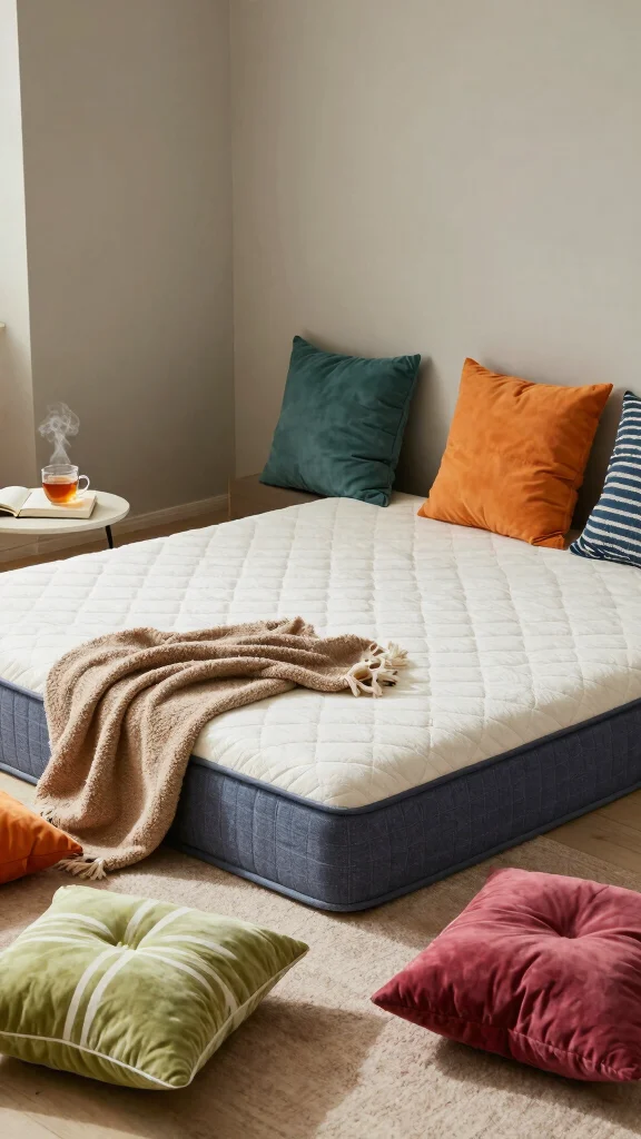 11 Bedroom Ideas Without a Bed Frame for a Low Minimal Look - 2. Incorporate Floor Cushions 1