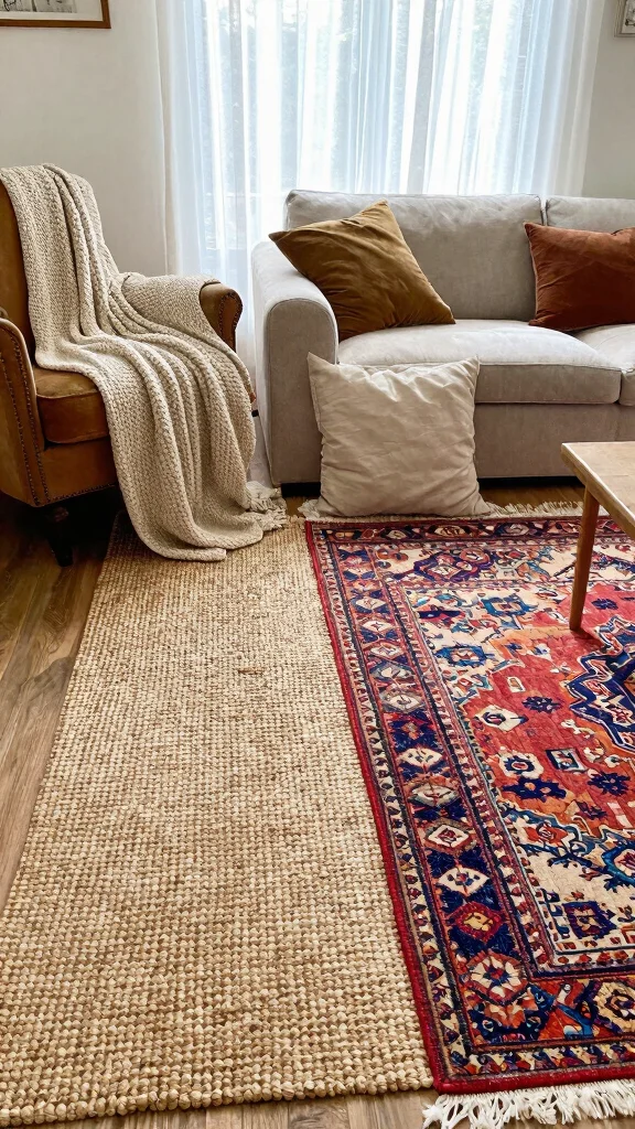 11 Jute Rug Living Room Ideas for a Natural Earthy Textured Floor - 10. Textured Layering 1