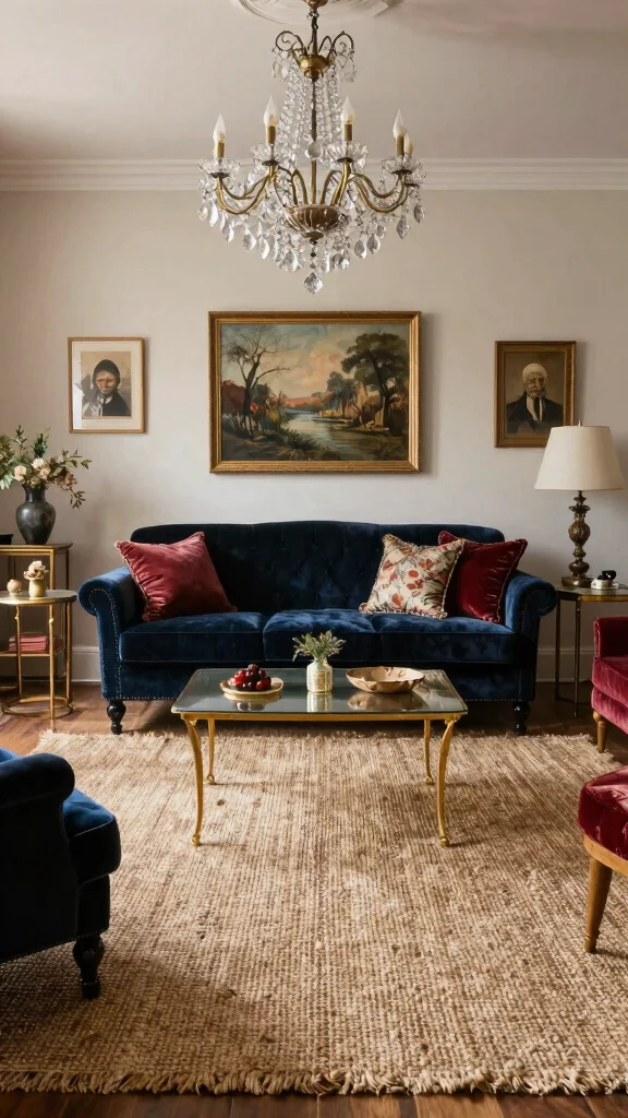 11 Jute Rug Living Room Ideas for a Natural Earthy Textured Floor - 8. Vintage Glam Touch 1