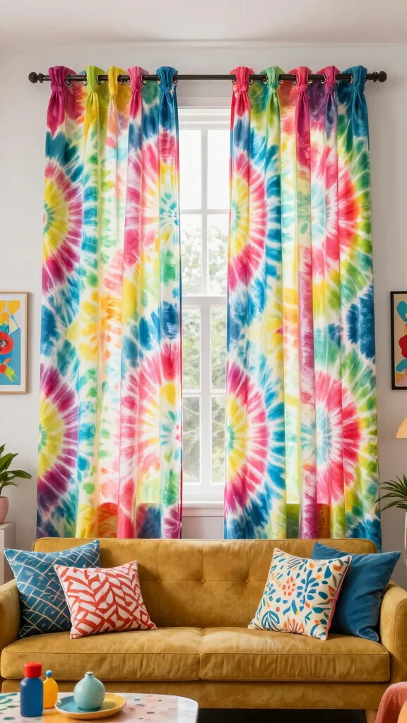 11 Living Room Curtain Ideas for 4-Window Walls - 10. Colorful Tie-Dye Panels 1