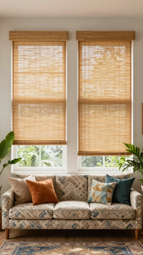 11 Living Room Curtain Ideas for 4-Window Walls - 2. Bamboo Shades 1