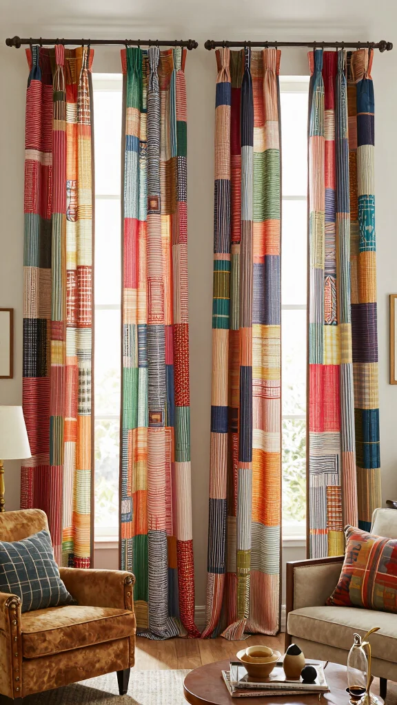 11 Living Room Curtain Ideas for 4-Window Walls - 3. Recycled Fabric Curtains 1