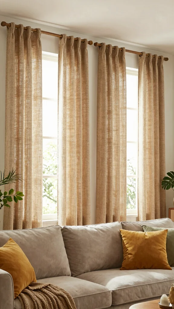 11 Living Room Curtain Ideas for 4-Window Walls - 4. Jute and Cotton Blends 1