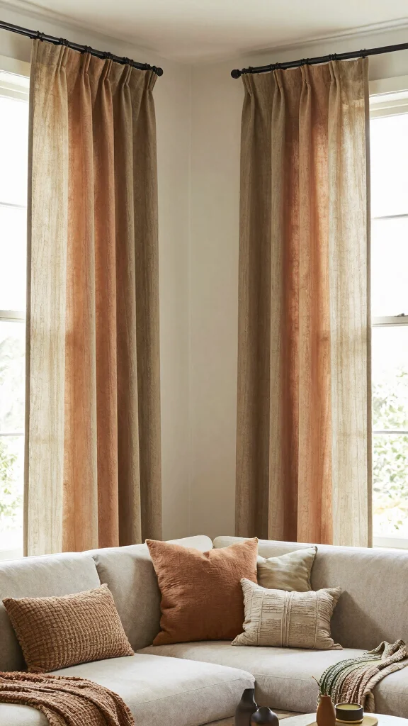 11 Living Room Curtain Ideas for 4-Window Walls - 7. Natural Dyed Curtains 1