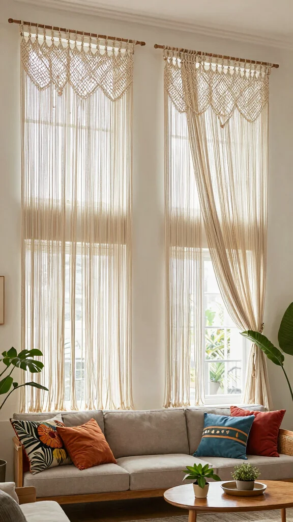 11 Living Room Curtain Ideas for 4-Window Walls - 8. Macrame Curtain Panels 1