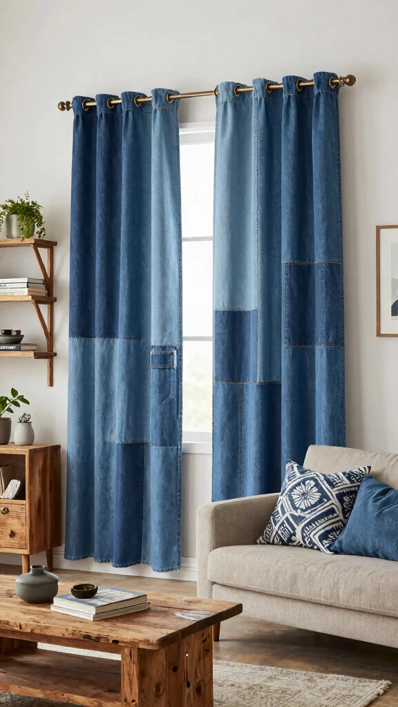 11 Living Room Curtain Ideas for 4-Window Walls - 9. Upcycled Denim Curtains 1