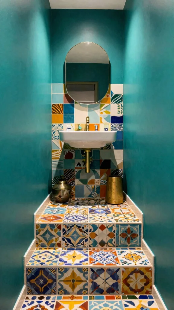 11 Under-Staircase Bathroom Ideas for a Space-Smart Compact Room - 2. Bold Colors with Patterned Tiles 1