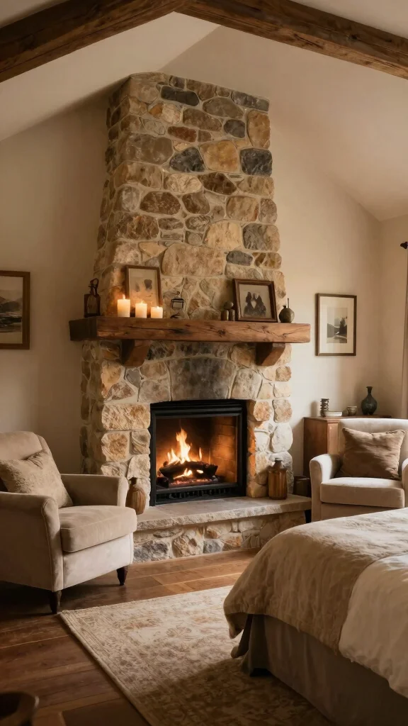 11 Vaulted Ceiling Bedroom Ideas for a Dramatic Open Airy Interior - 7. Cozy Fireplace Feature 1