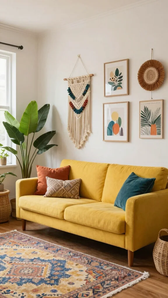 11 Yellow Couch Living Room Ideas for a Cheerful Statement-Making Space - 1. Bohemian Bliss with Macramé 1