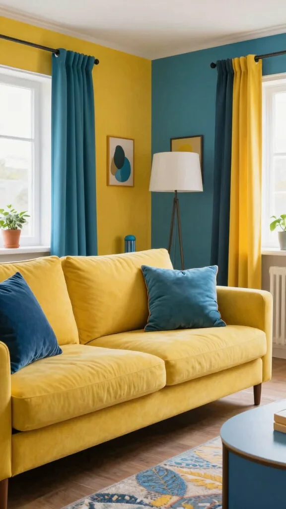 11 Yellow Couch Living Room Ideas for a Cheerful Statement-Making Space - 10. Dynamic Color Blocking 1