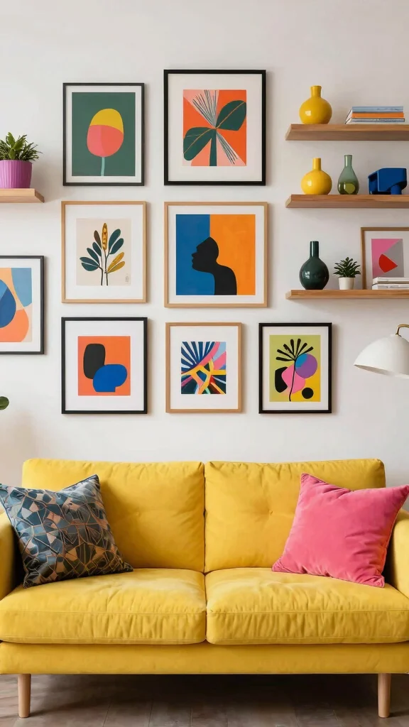 11 Yellow Couch Living Room Ideas for a Cheerful Statement-Making Space - 11. Artful Displays 1