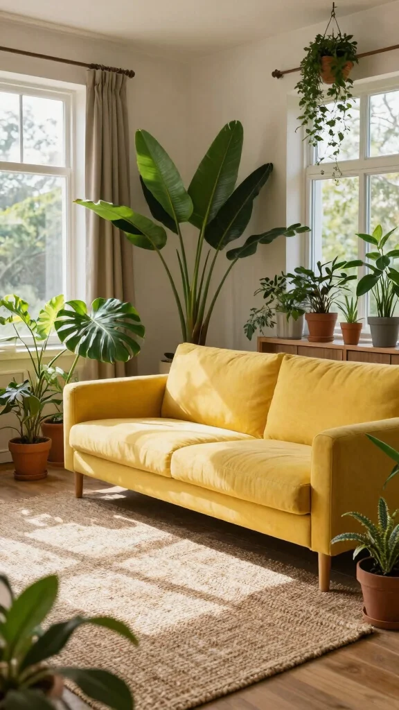 11 Yellow Couch Living Room Ideas for a Cheerful Statement-Making Space - 3. Nature-Inspired Retreat 1