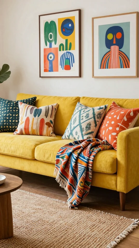 11 Yellow Couch Living Room Ideas for a Cheerful Statement-Making Space - 4. Eclectic Patterns and Textiles 1