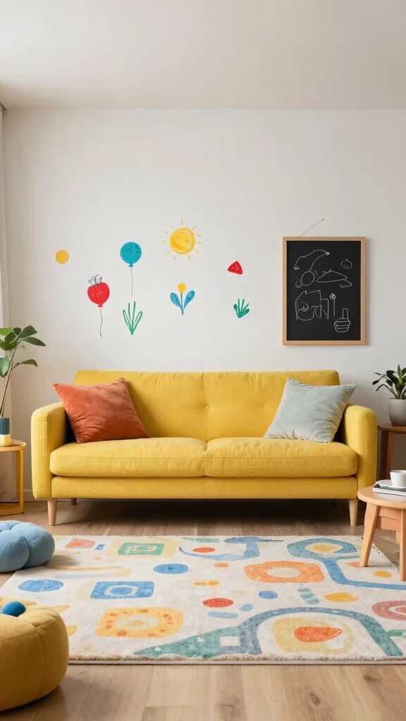 11 Yellow Couch Living Room Ideas for a Cheerful Statement-Making Space - 8. Family-Friendly Fun 1