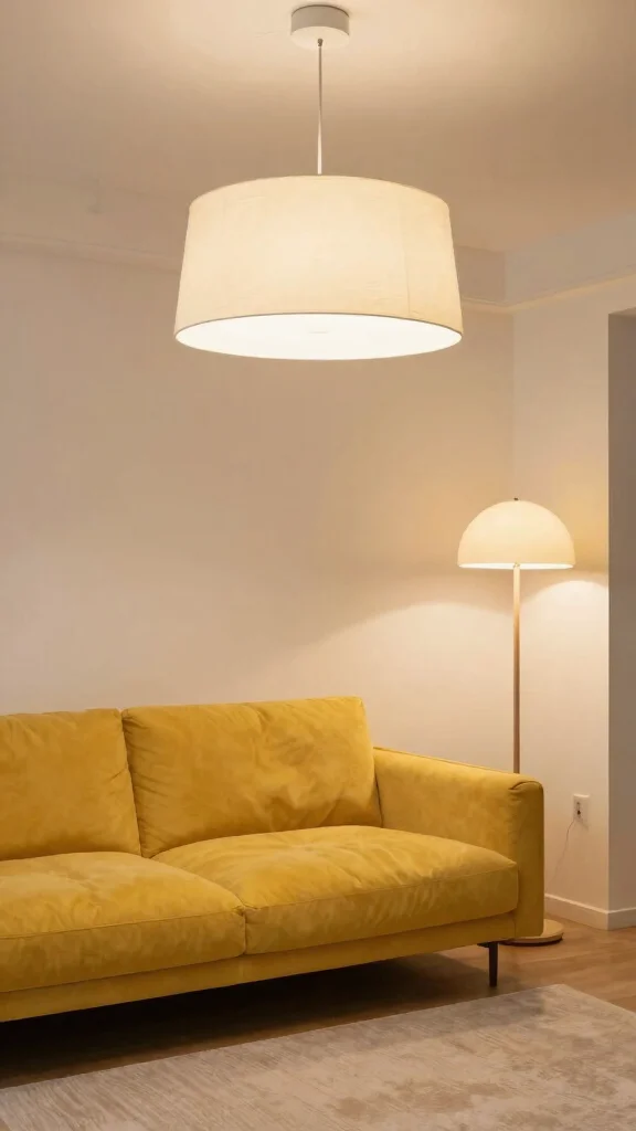11 Yellow Couch Living Room Ideas for a Cheerful Statement-Making Space - 9. Statement Lighting 1