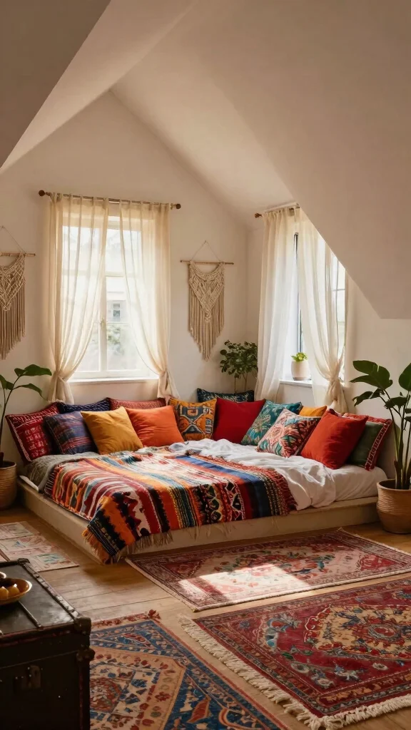 12 Attic Bedroom Ideas for a Cozy Character-Rich Sleep Space - 3. Bohemian Retreat with Layered Textiles 1