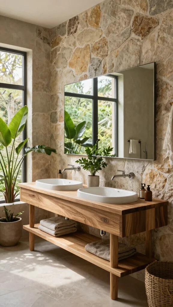 12 Double Sink Bathroom Ideas for a Shared Functional Space - 11. Nature-Inspired Bathroom Retreat 1