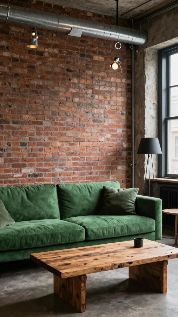 12 Green Sofa Living Room Ideas for a Fresh Bold Furniture Focal Point - 10. Industrial Edge 1