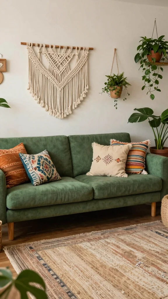 12 Green Sofa Living Room Ideas for a Fresh Bold Furniture Focal Point - 2. Bohemian Bliss 1