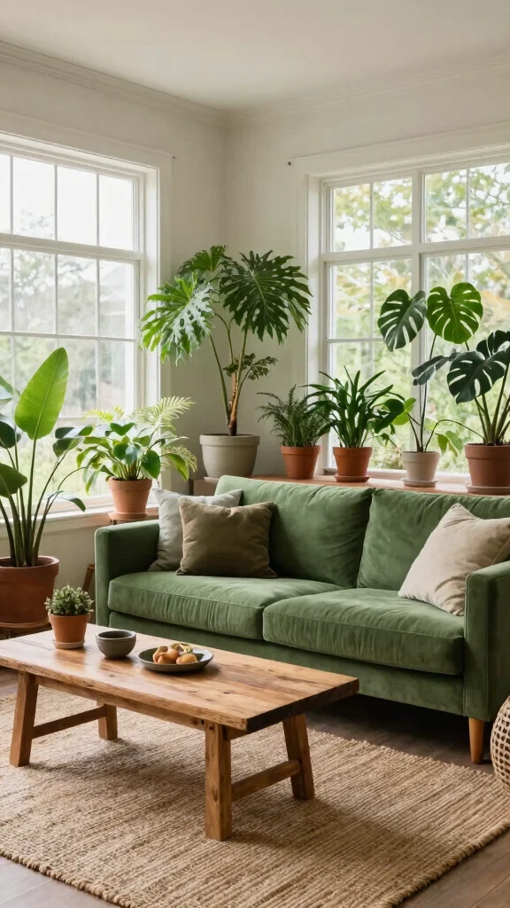 12 Green Sofa Living Room Ideas for a Fresh Bold Furniture Focal Point - 4. Nature-Inspired Retreat 1