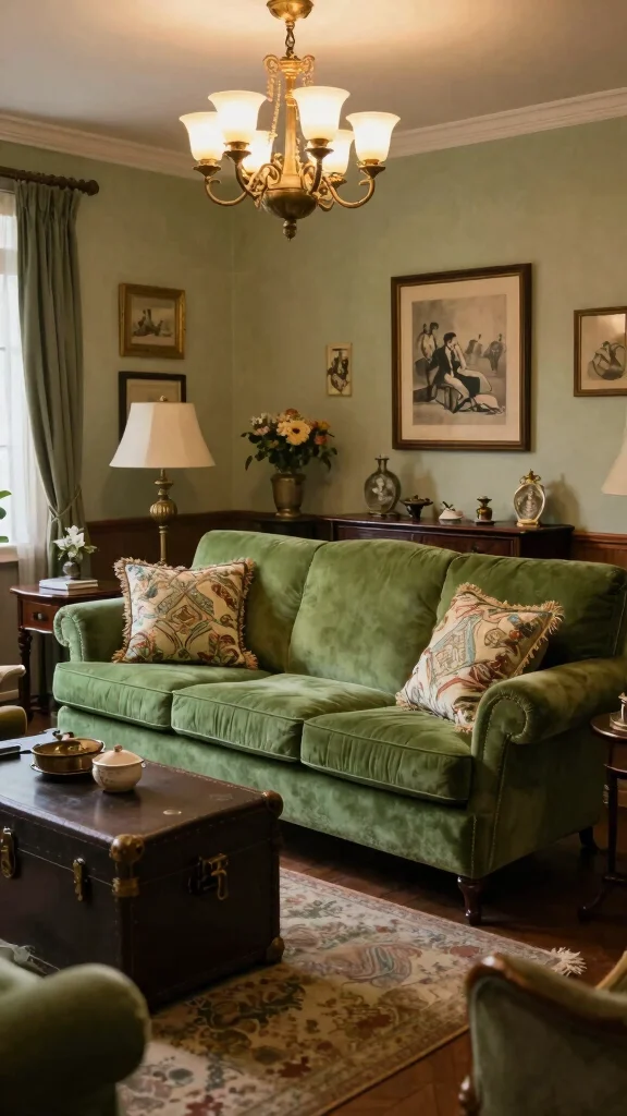 12 Green Sofa Living Room Ideas for a Fresh Bold Furniture Focal Point - 5. Vintage Glamour 1