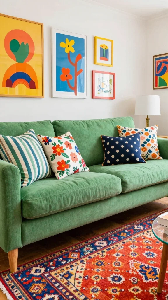 12 Green Sofa Living Room Ideas for a Fresh Bold Furniture Focal Point - 7. Playful Patterns 1