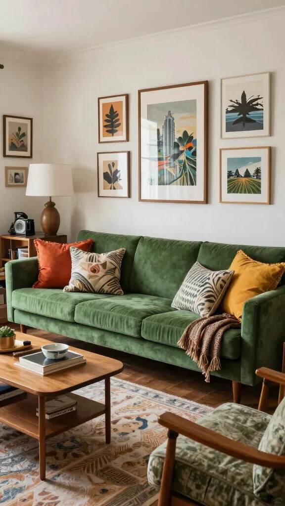 12 Green Sofa Living Room Ideas for a Fresh Bold Furniture Focal Point - 8. Eclectic Mix 1