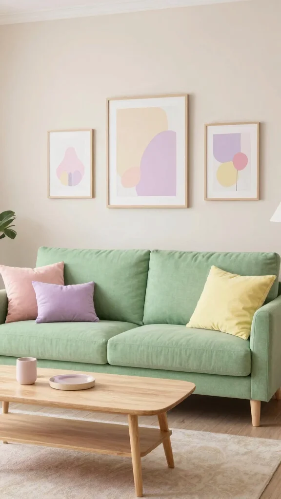 12 Green Sofa Living Room Ideas for a Fresh Bold Furniture Focal Point - 9. Soft Pastel Pallette 1
