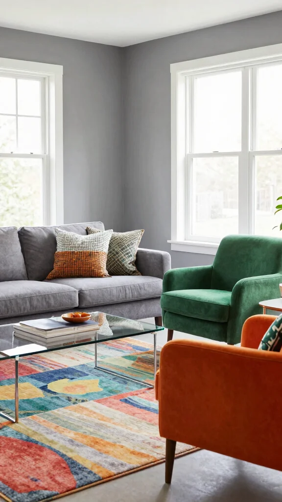 12 Grey Couch Living Room Ideas for a Versatile Polished Space - 2. Complement with Bright Accent Chairs 1