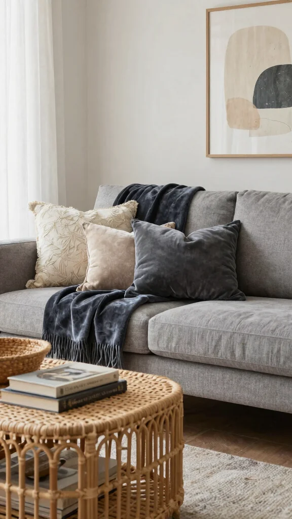 12 Grey Couch Living Room Ideas for a Versatile Polished Space - 3. Play with Textures 1