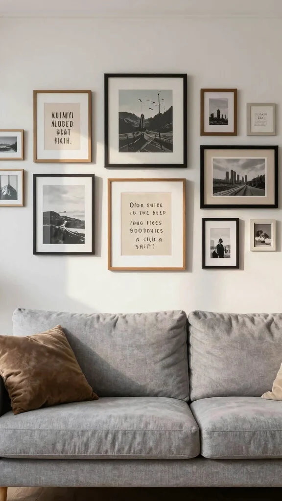 12 Grey Couch Living Room Ideas for a Versatile Polished Space - 5. Gallery Wall Behind the Couch 1