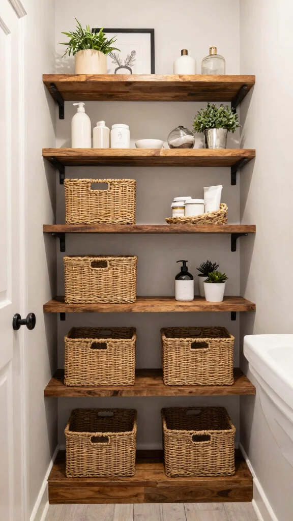 12 Half Bath Ideas for a Small Space With Big Style Impact - 9. Custom Shelving Solutions 1