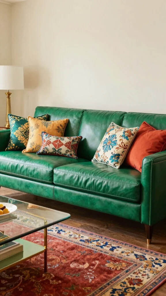 12 Leather Couch Living Room Ideas for a Warm Sophisticated Interior - 2. Go Bold with Jewel Tones 1