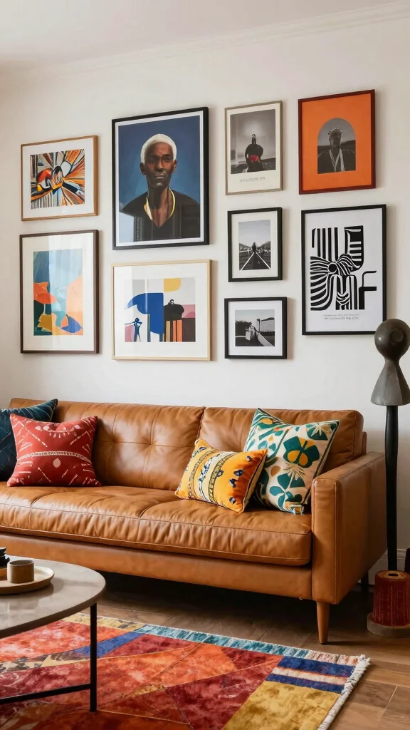 12 Leather Couch Living Room Ideas for a Warm Sophisticated Interior - 6. Incorporate Artful Touches 1