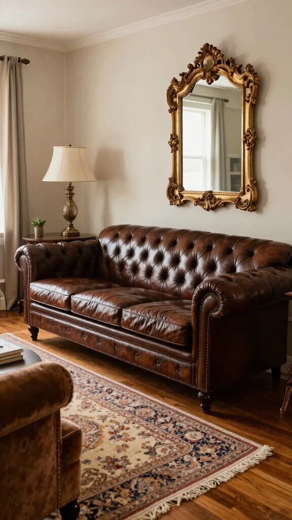 12 Leather Couch Living Room Ideas for a Warm Sophisticated Interior - 8. Vintage Glam 1