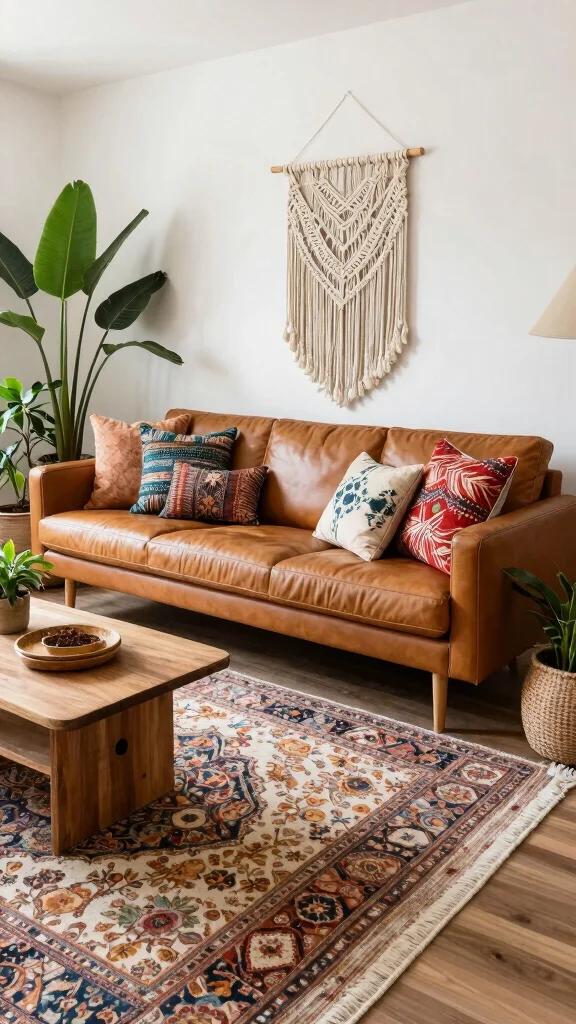 12 Leather Couch Living Room Ideas for a Warm Sophisticated Interior - 9. Bohemian Luxe 1
