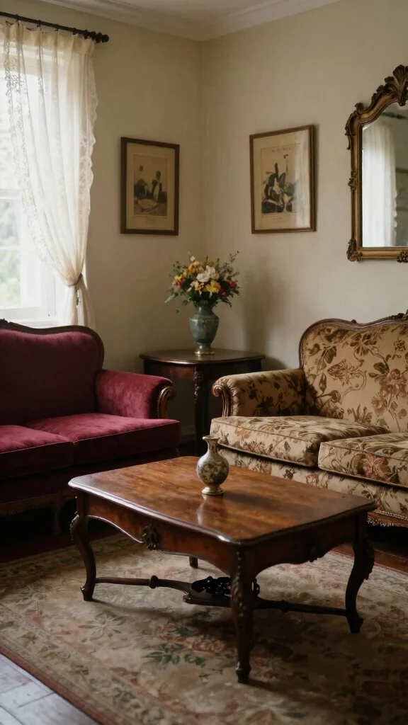 12 Living Room 2-Couch Layout Ideas for a Balanced Symmetrical Space - 11. Vintage Charm with Two Antique Sofas 1