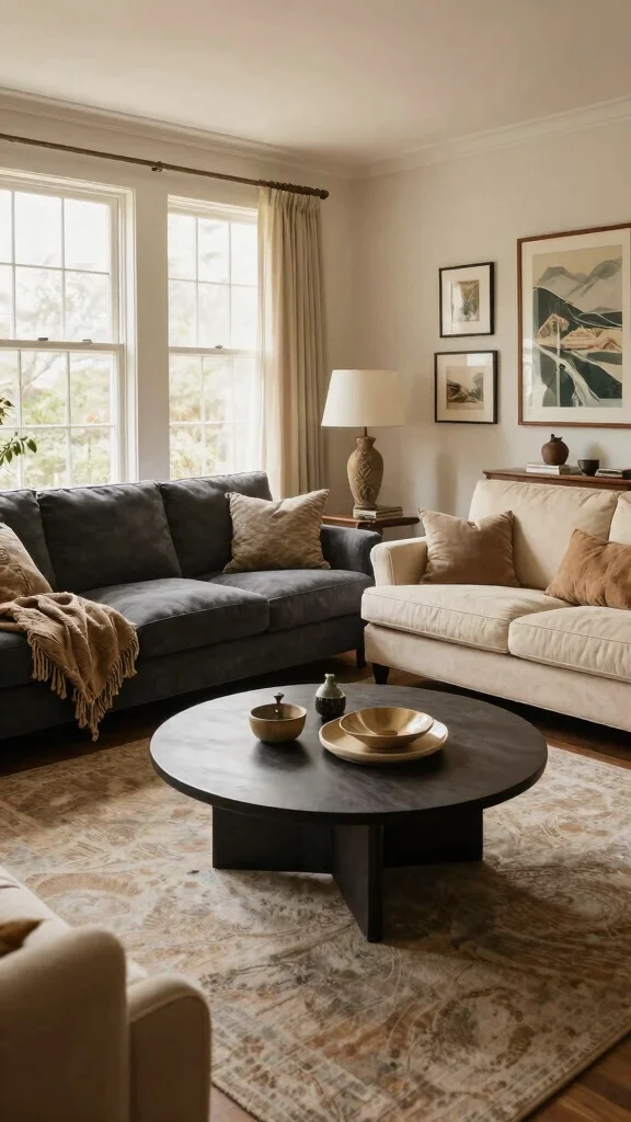 12 Living Room 2-Couch Layout Ideas for a Balanced Symmetrical Space - 6. Asymmetrical Balance with Varying Sizes 1