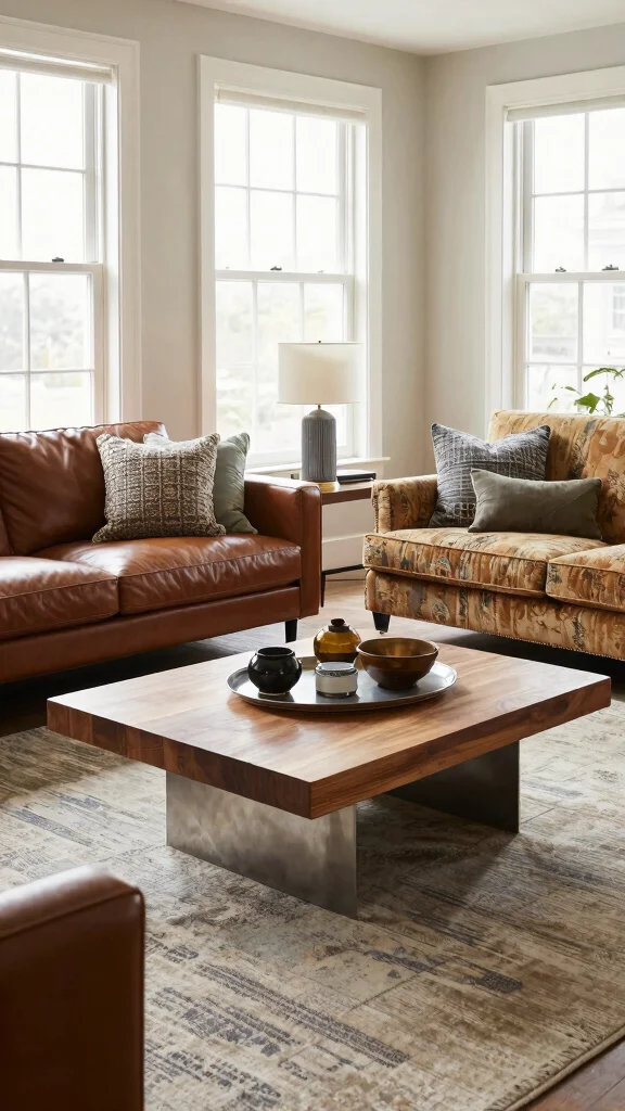 12 Living Room 2-Couch Layout Ideas for a Balanced Symmetrical Space - 8. Layered Textures with Two Different Styles 1