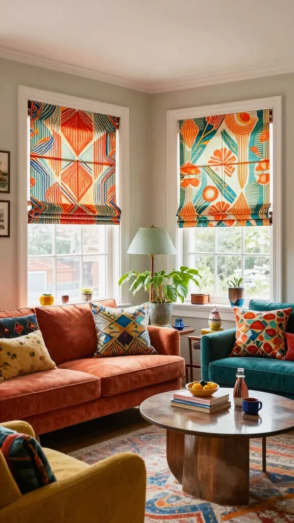 12 Living Room Blind Ideas for Privacy, Light Control, and Style - 10. Patterned Blinds for a Bold Statement 1