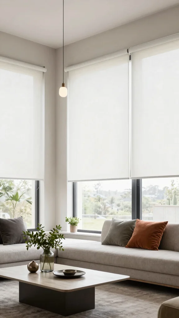 12 Living Room Blind Ideas for Privacy, Light Control, and Style - 3. Roller Blinds for Minimalist Style 1